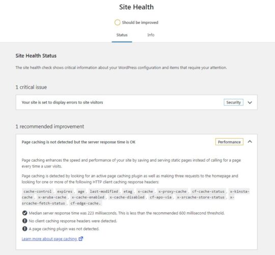 Команда производительности WordPress предложила добавить проверку постоянного объектного кэша и полностраничного кэша на страницу Site Health