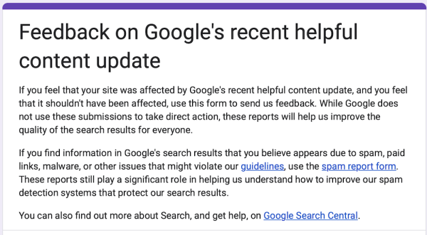 
            Google создал форму для обратной связи по Helpful content update
        