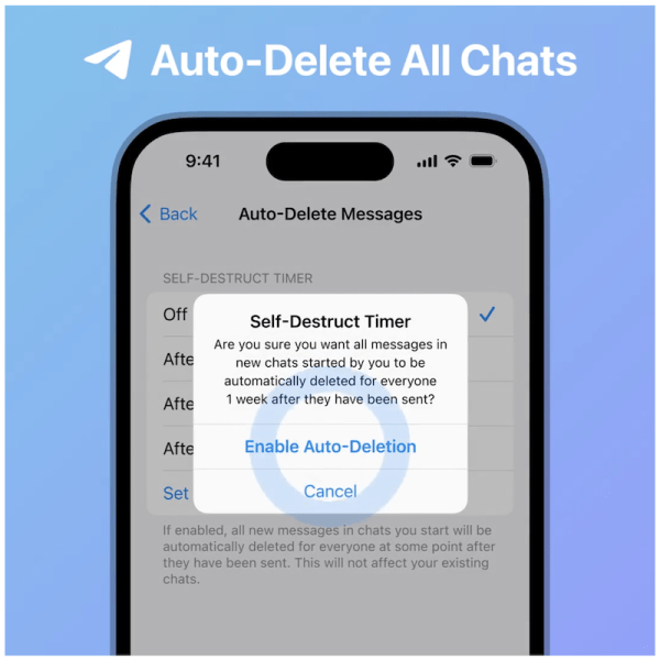 В Telegram появился таймер для удаления сообщений во всех новых чатах
В Telegram появился таймер для удаления сообщений во всех новых чатах