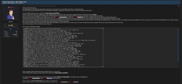 400 млн учетных записей пользователей Twitter выставлены на продажу
         
            400 млн учетных записей пользователей Twitter выставлены на продажу