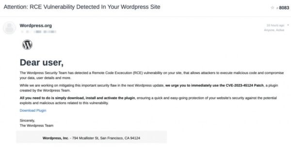 Фальшивое предупреждение о безопасности WordPress призывает скачать бэкдор-плагин Фальшивое предупреждение о безопасности WordPress призывает скачать бэкдор-плагин