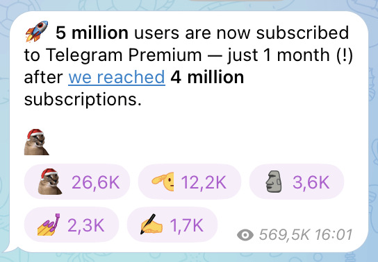 Количество подписчиков Telegram Premium достигло 5 млн
         
            Количество подписчиков Telegram Premium достигло 5 млн